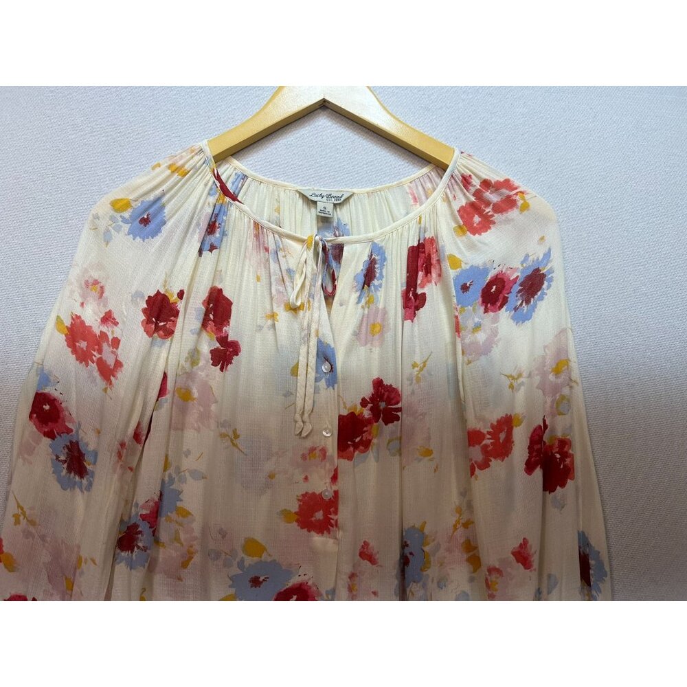 Lucky Brand Women's Half Button Boho Peasant Top Long Sleeve Size S Cream Floral - Picture 4 of 11
